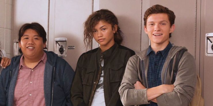 spider man homecoming tom holland as spider man zendaya as mj and jacob batolan as ned leeds