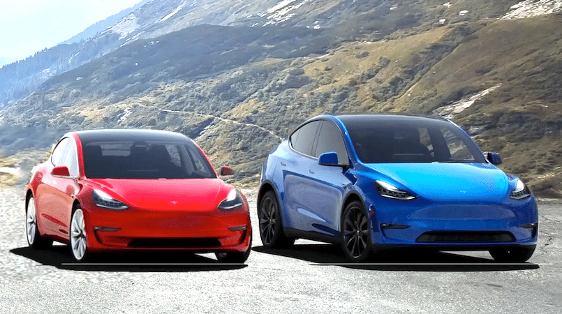 Les Tesla Model 3 (en rouge) et Model Y (en bleu) sont les plus abordables de la gamme de véhicules électriques Tesla.