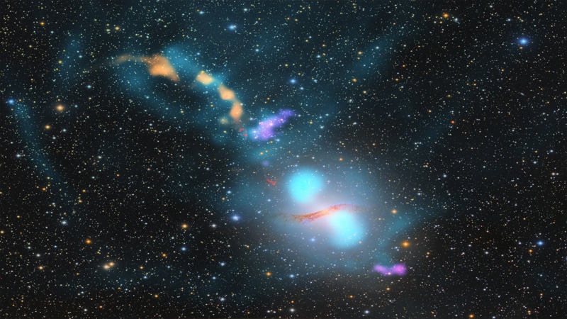 Image composite montrant la galaxie et l'espace intergalactique environnant à d'autres longueurs d'ondes - Crédits :
Connor Matherne/Louisiana State University (Optical/Halpha), Kraft et al., Struve et al.; Ben McKinley/ICRAR et Curtin