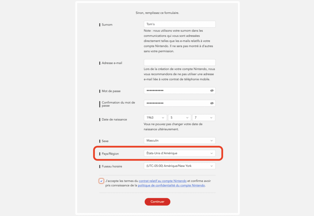 Créer profil Nintendo