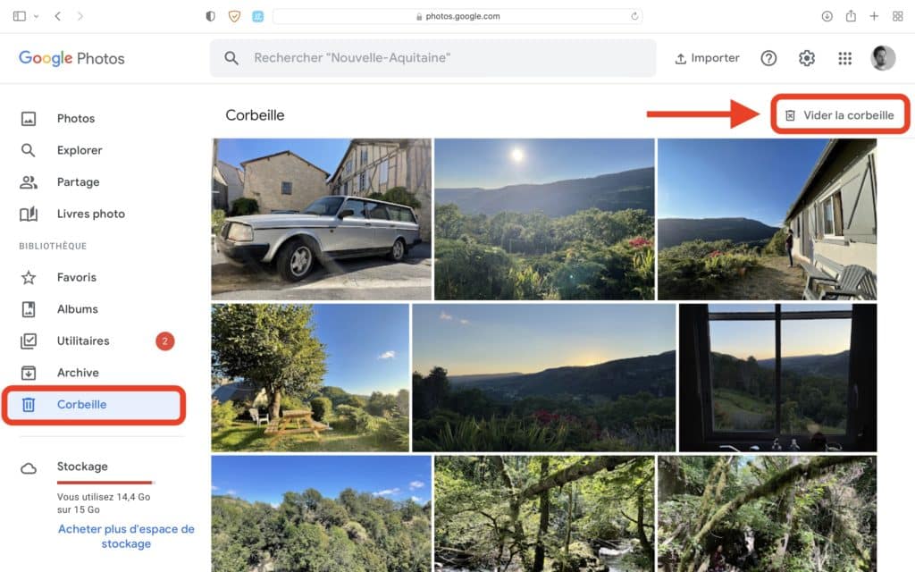 Vider corbeille Google Photos