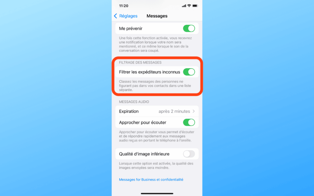 Filtrer messages inconnus iPhone
