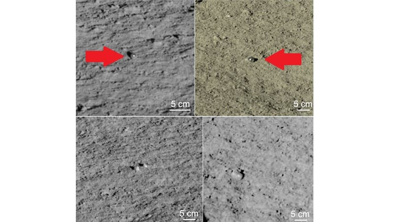 Deux sphérules de verre lunaires confirmées (en haut) et deux autres potentielles sphérules (en bas)