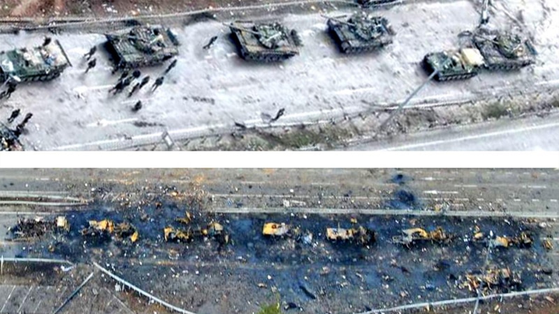 Montage montrant les dommages causés par une attaque de drones Ukrainiens - Crédits : Twitter/@thetimes