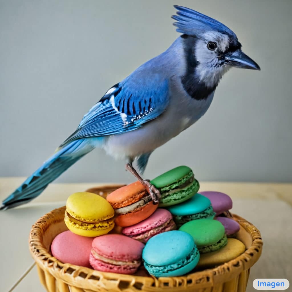 « Un geai bleu debout sur un grand panier de macarons arc-en-ciel. » © Google, Imagen