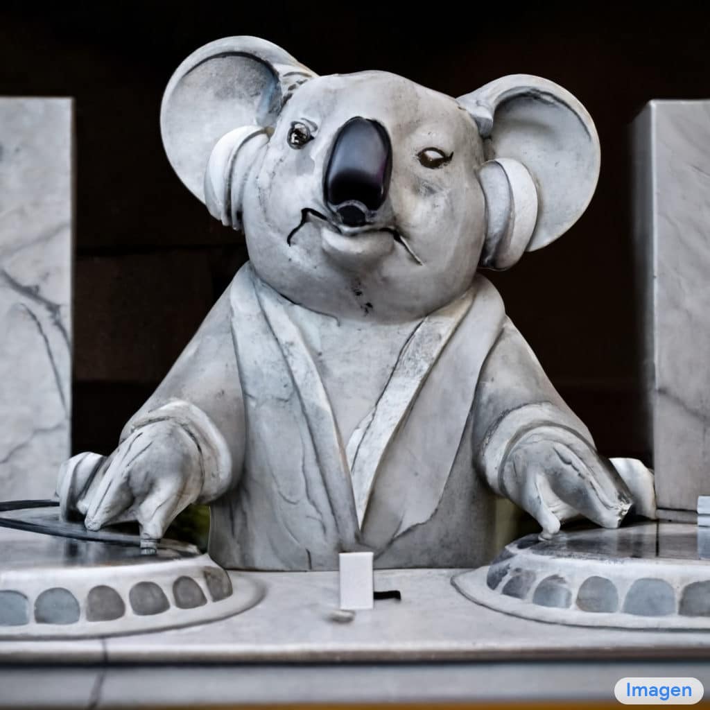« Une statue en marbre d'un Koala DJ devant une statue en marbre d'une platine. Le Koala porte de gros écouteurs en marbre. » © Google, Imagen