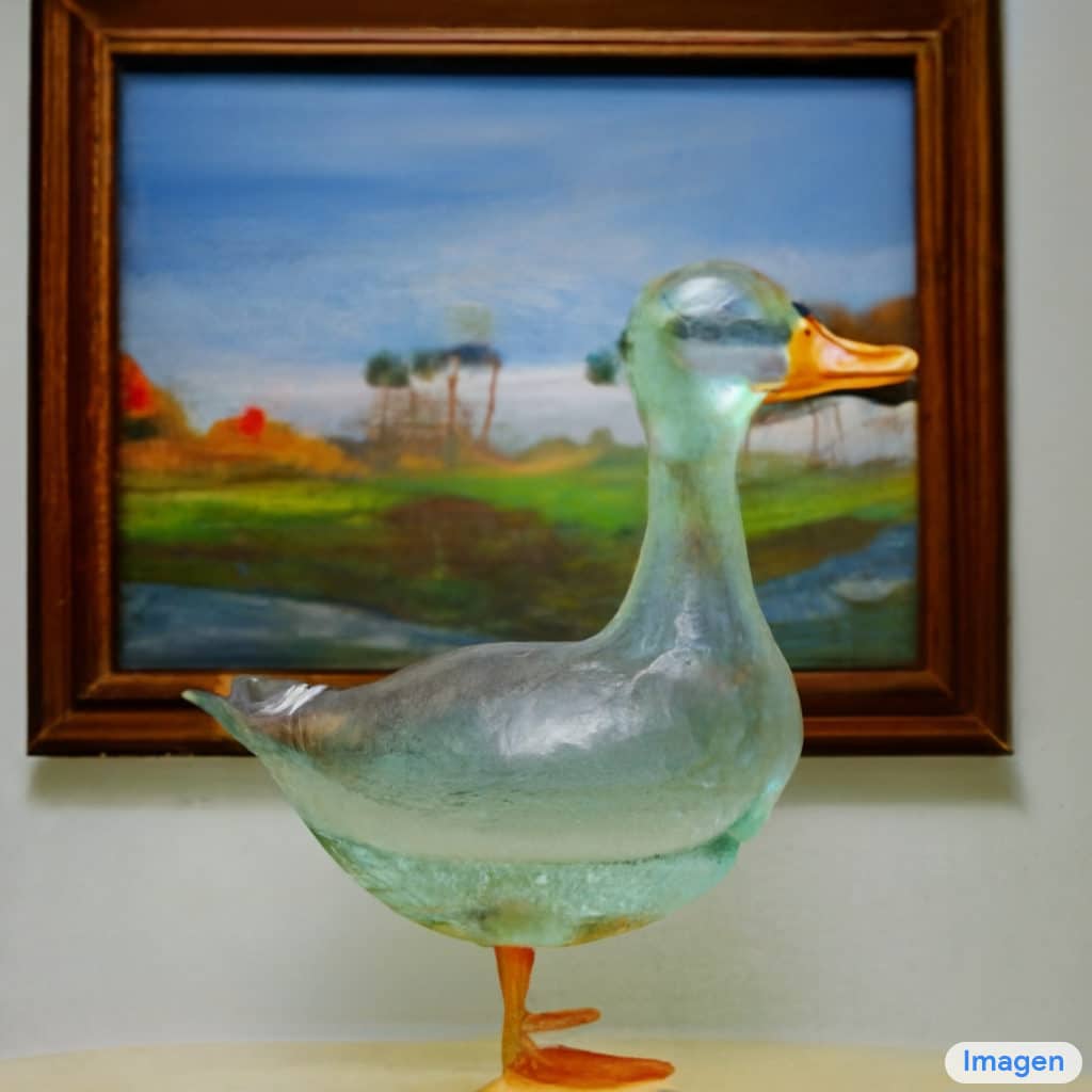 « Une sculpture transparente d'un canard en verre. La sculpture est devant une peinture d'un paysage. » © Google, Imagen