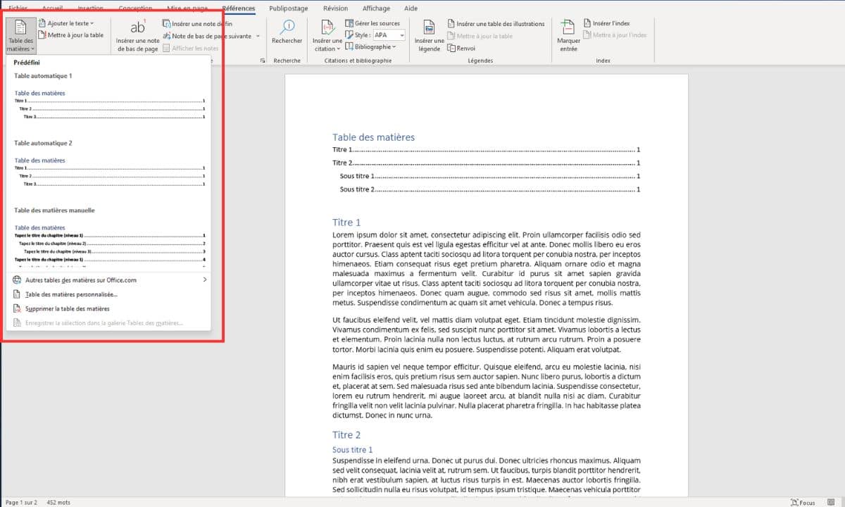 astuce sommaire automatique word