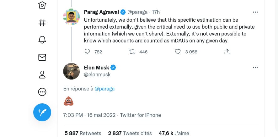 Image 1 : Elon Musk se moque du boss de Twitter avec... un emoji crotte