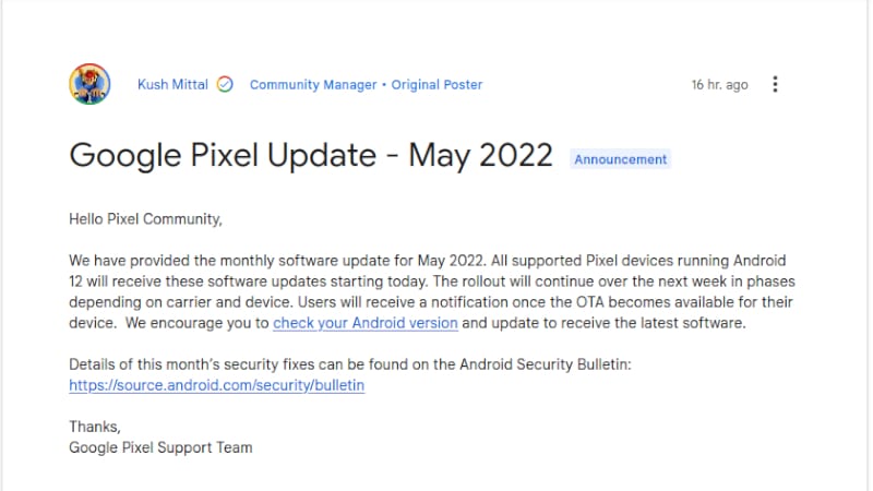 La mise à jour Google Pixel de mai 2022 - Crédits : support.google.com