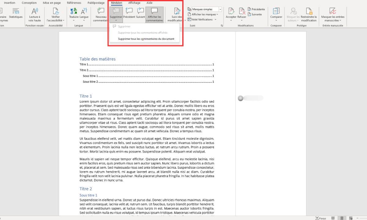 supprimer un commentaire sur word