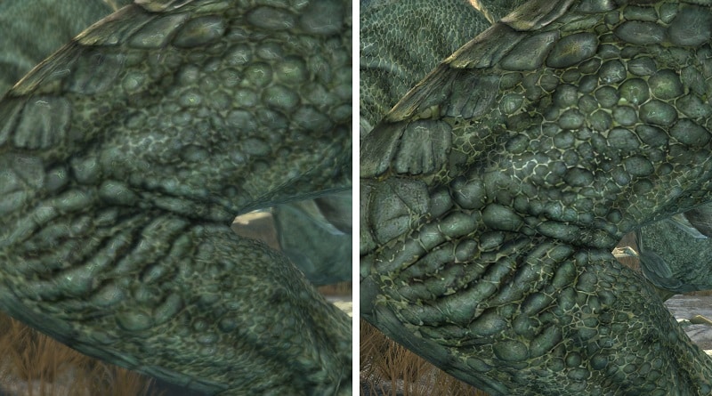 La différence de texture sans le mod (à gauche) et avec le mod (à droite)