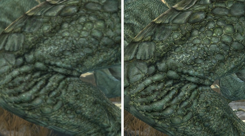 La différence de texture sans le mod (à gauche) et avec le mod (à droite)