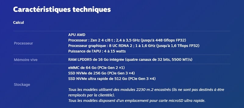 La page FR des caractéristiques techniques du Steam Deck