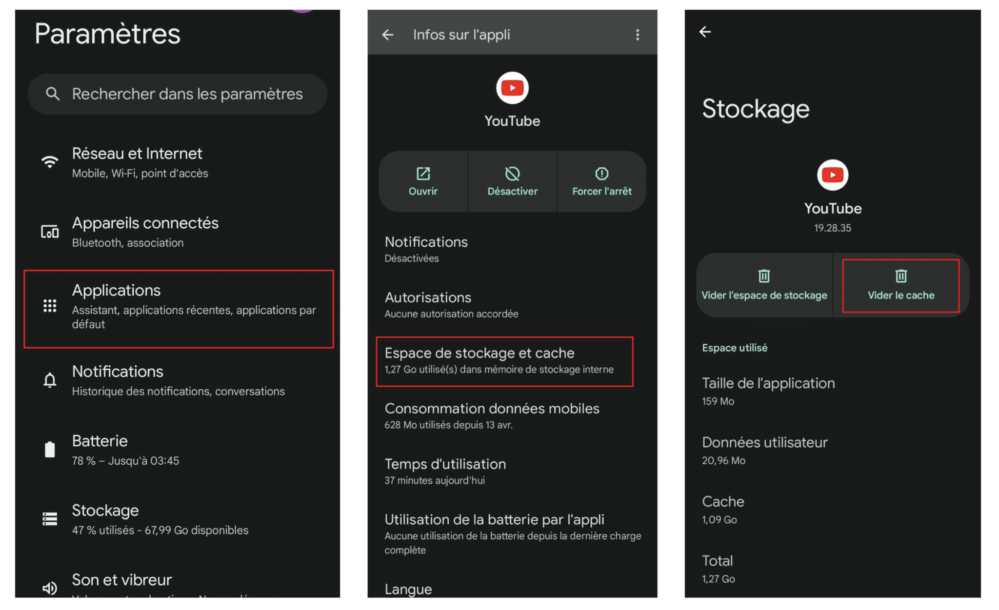 Effacer le cache de l'appli YouTube