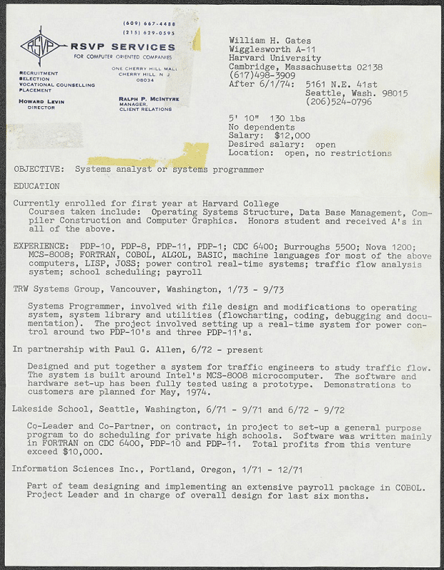 Le CV de Bill Gates en 1974
