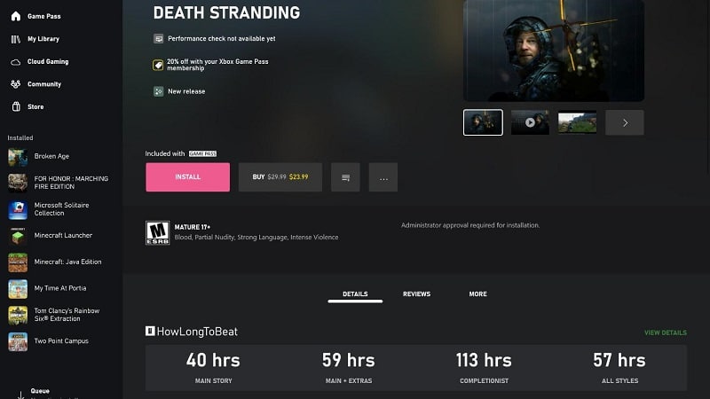 Le temps estimé pour terminer Death Stranding affiché sur l'application Xbox