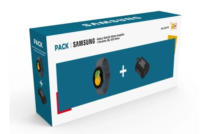 Image 1 : Le pack montre Samsung Galaxy Watch 5 + enceinte JBL est à 299 €