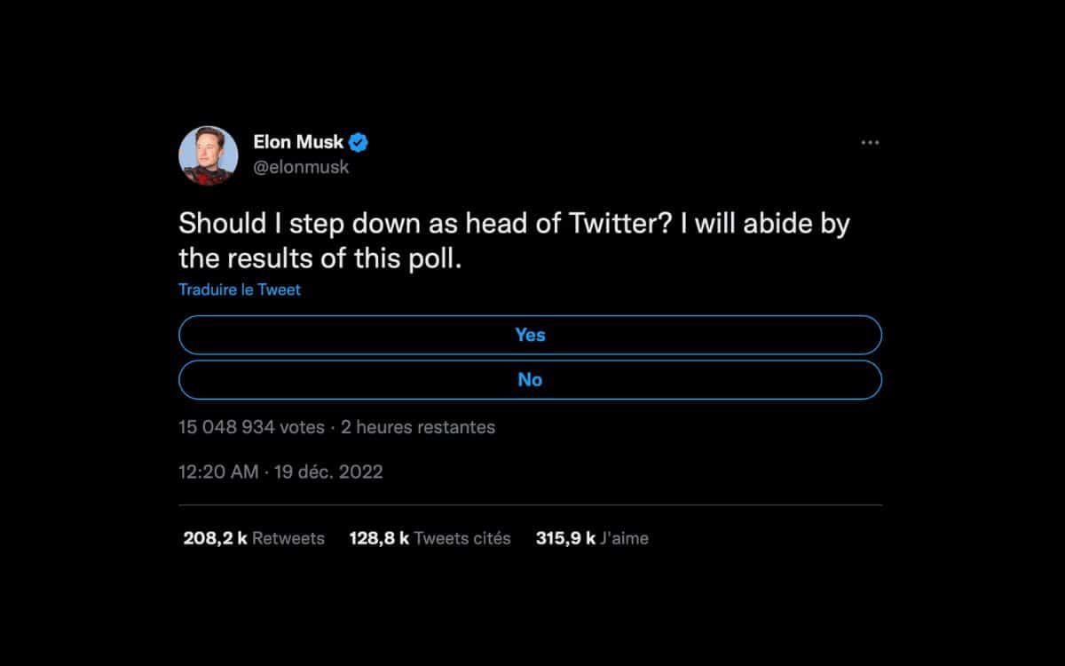 Elon Musk vous demande s'il doit démissionner © Capture d'écran Twitter