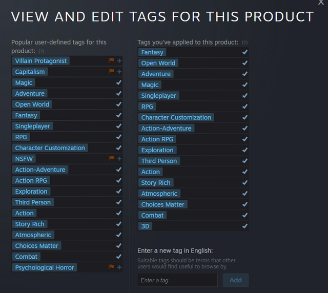 Les tags définis par les joueurs pour Hogwarts Legacy sur Steam