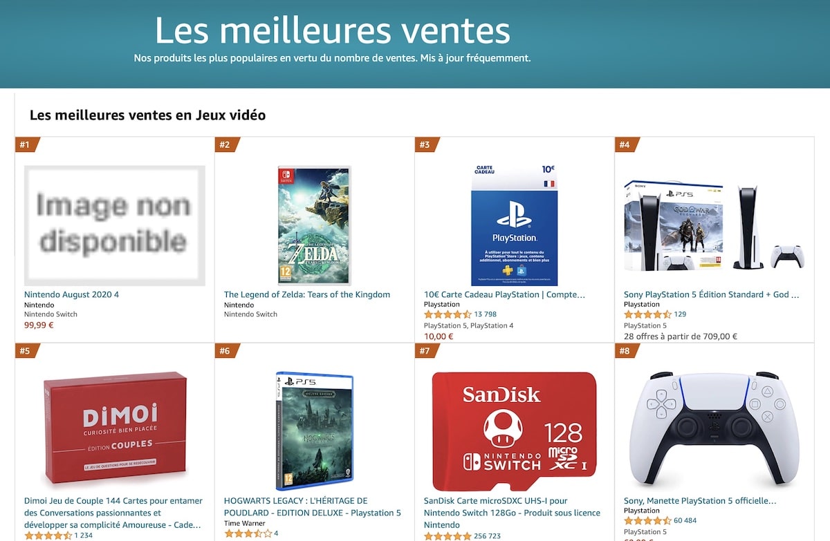 Les meilleures ventes en jeux vidéo sur Amazon © Capture d'écran Amazon.fr