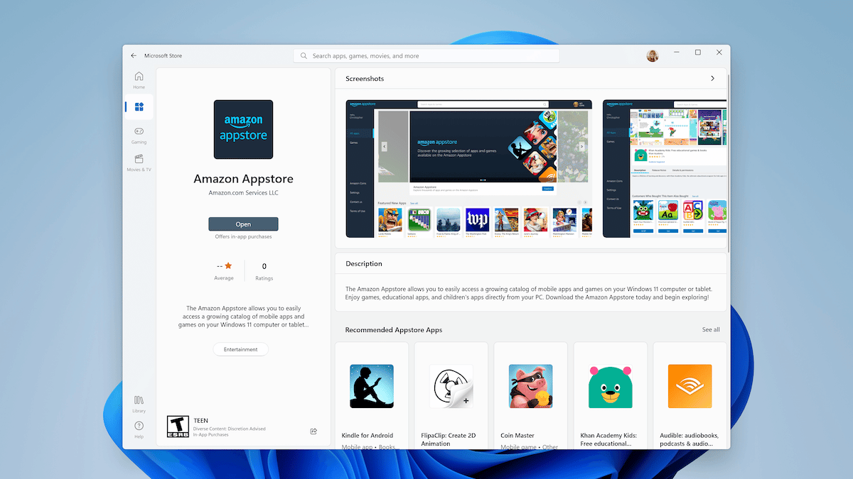 L’Amazon Appstore permet d’installer des applications Android sur Windows 11 © Microsoft
