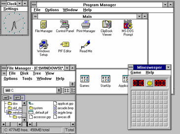 Le gestionnaire de programmes, le gestionnaire de fichiers et le Démineur de Windows 3.1