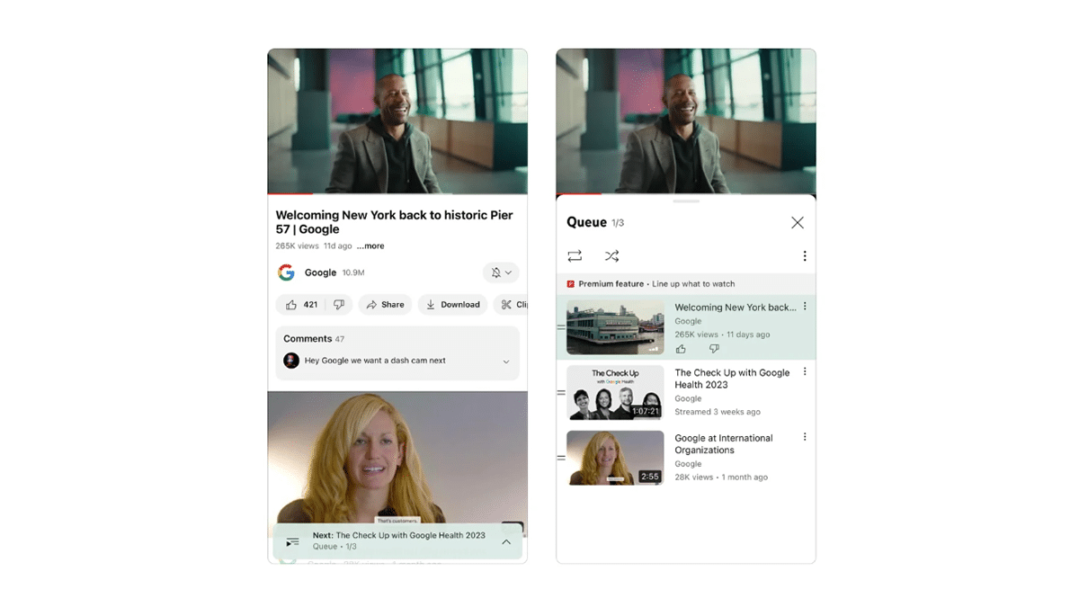 La file d'attente pour les abonnés de YouTube Premium sur smartphone
