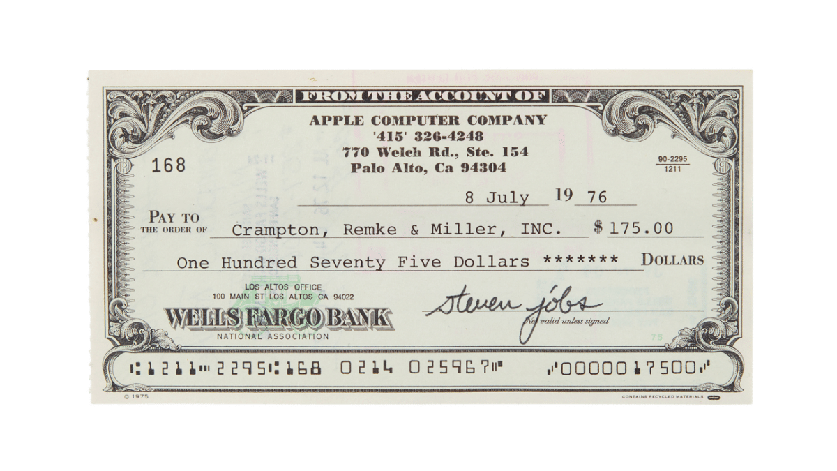Chèque Steve Jobs 1976