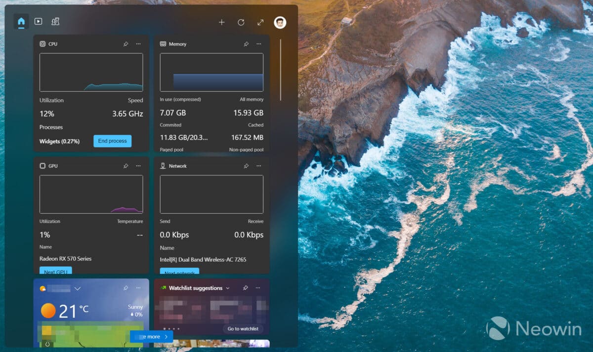 Windows 11, nouveaux widgets pour le monitoring © Neowin