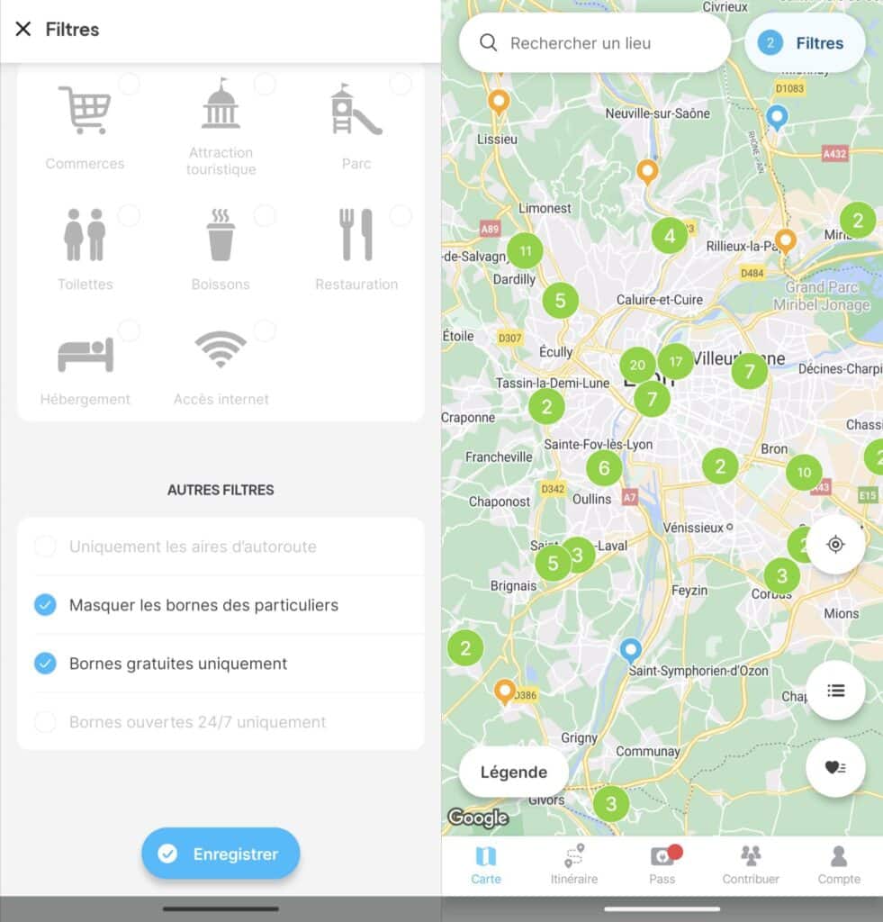 Carte bornes gratuites Chargemap