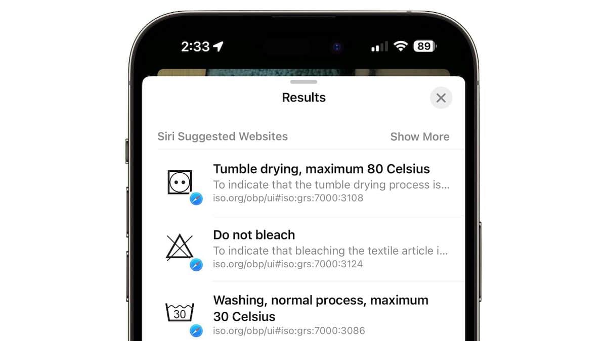 iOS 17 capable de lire les symboles de lavage