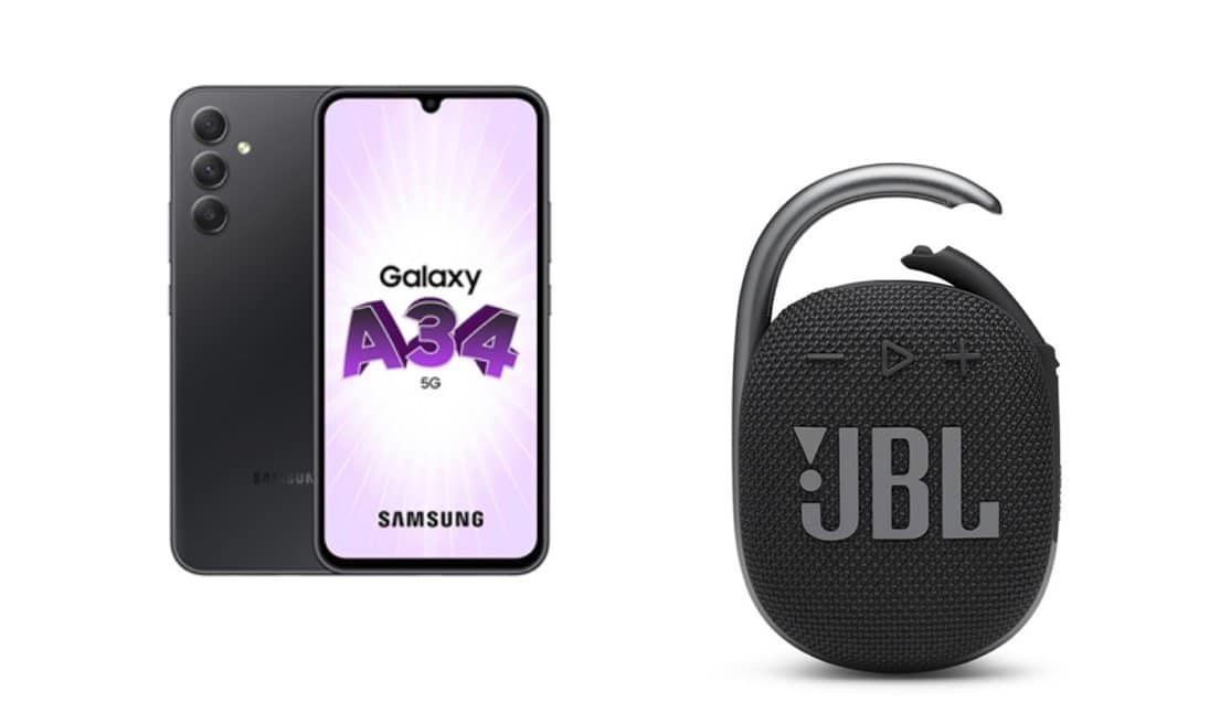 Samsung Galaxy A34 enceinte JBL Clip 4 promo Darty