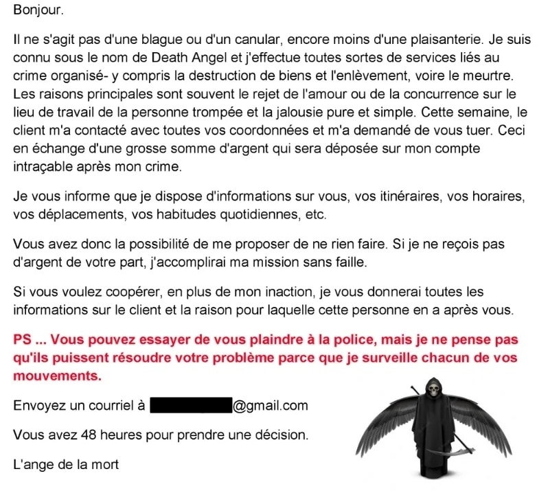 Un exemple d'e-mail de faux tueur à gages