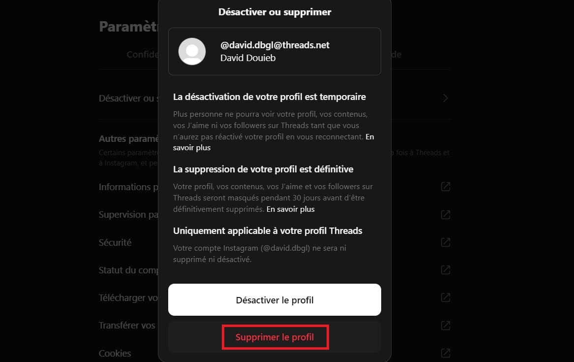 threads supprimer compte