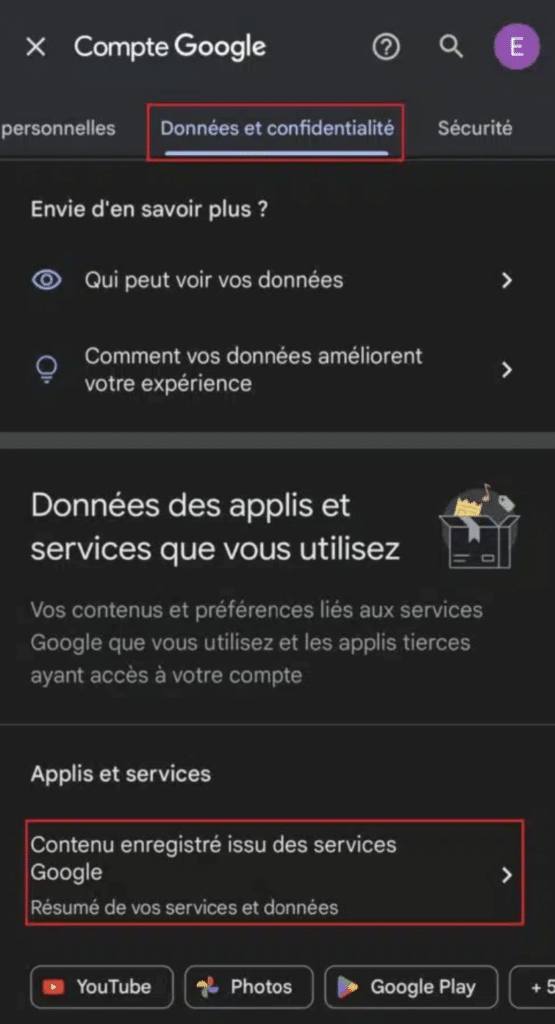 Données et confidentialité Gmail mobile