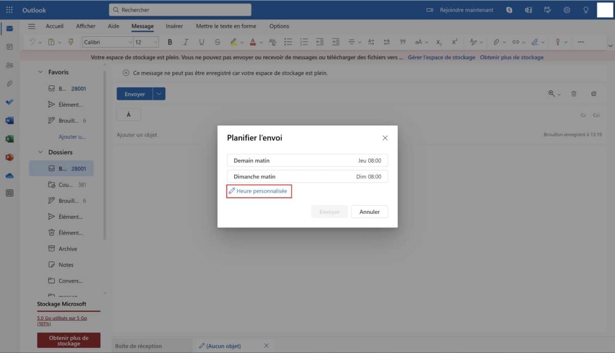 Heure personnalisée planifier un mail Outlook