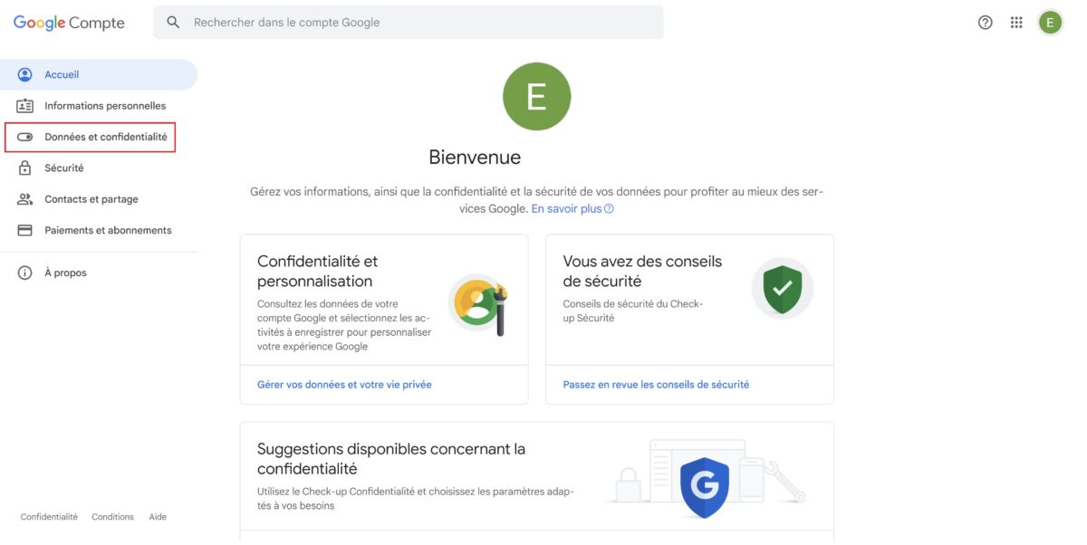 Données et confidentialité Gmail