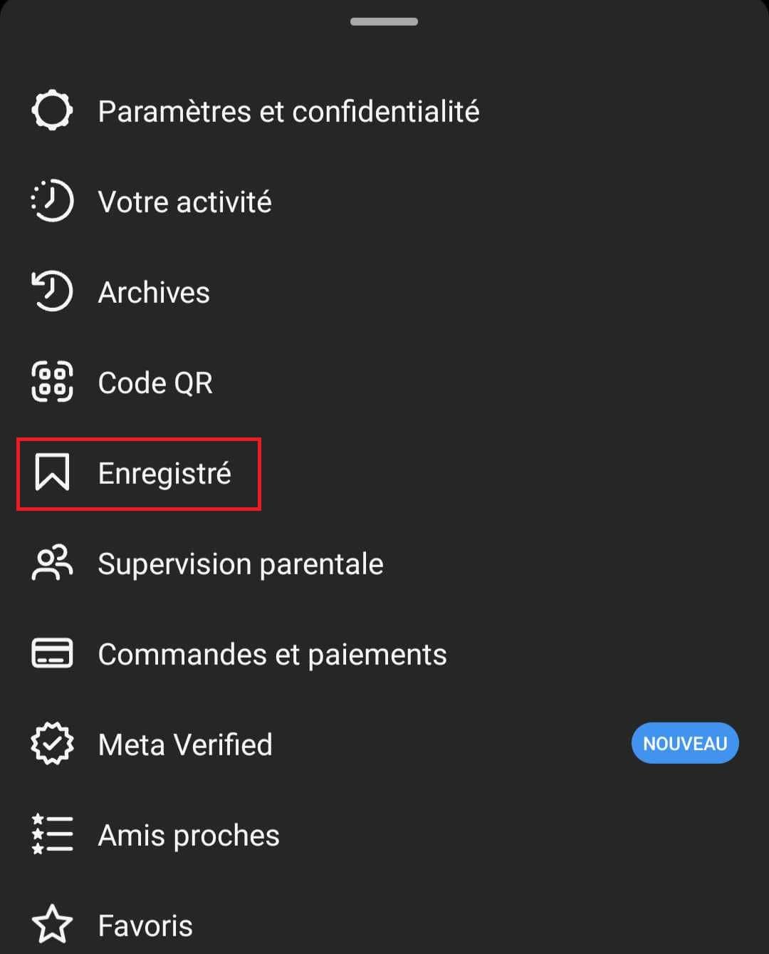 Menu enregistré Instagram