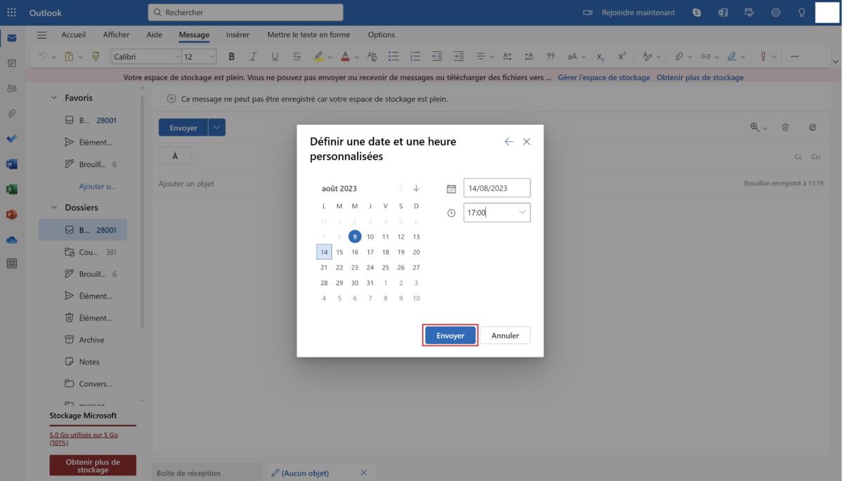 Définir date et heure Outlook planifier un mail