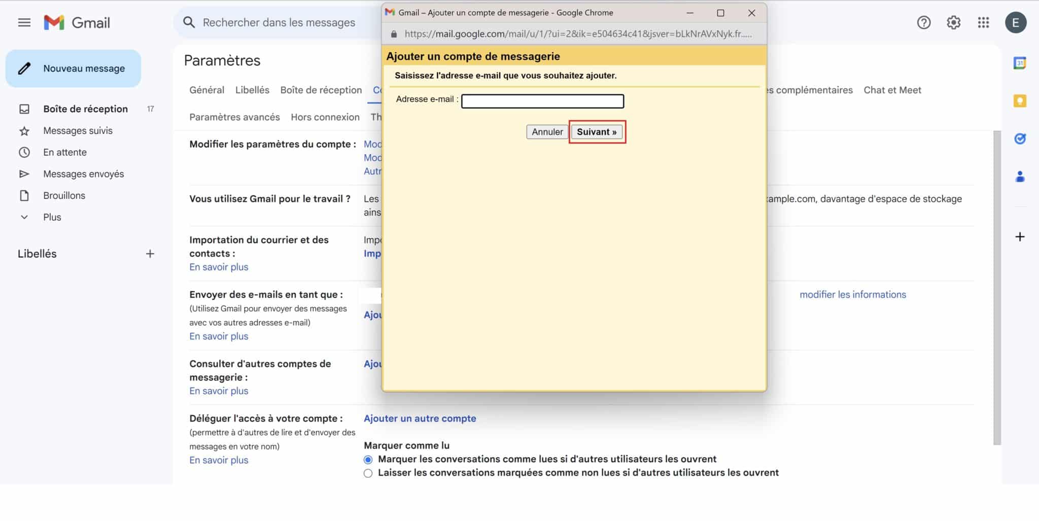 Fenêtre jaune Ajouter compte Gmail