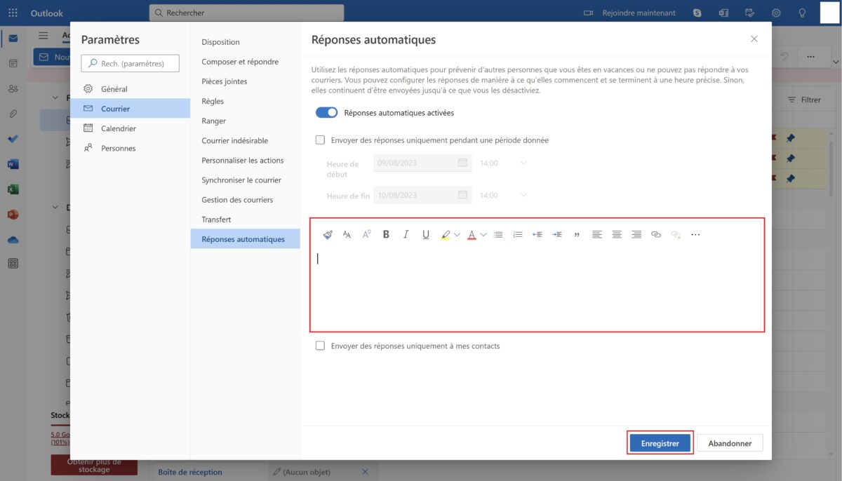 Réponses automatiques activées Outlook 