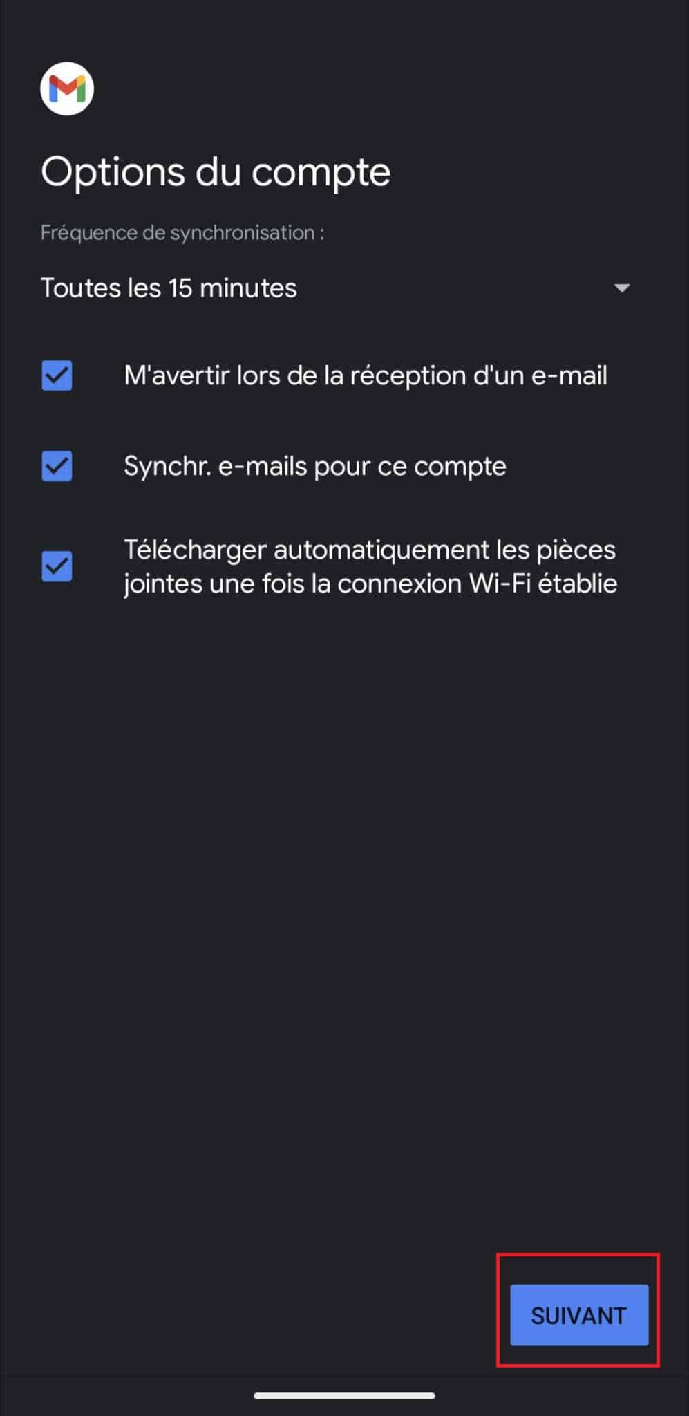 Options du compte Gmail