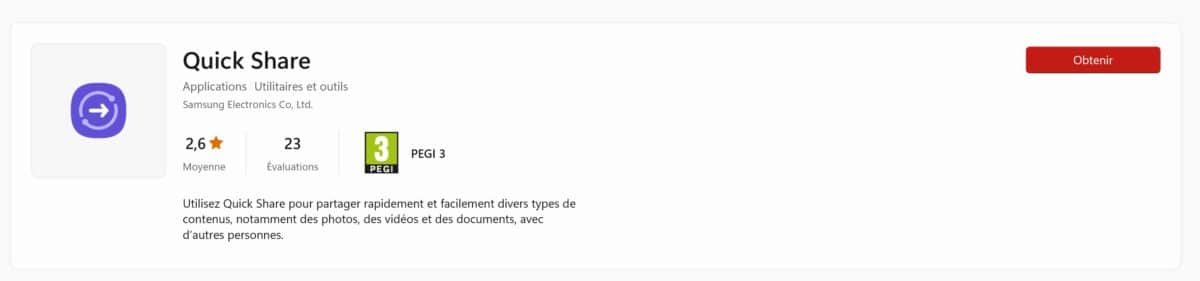 Quick Share sur Microsoft Store