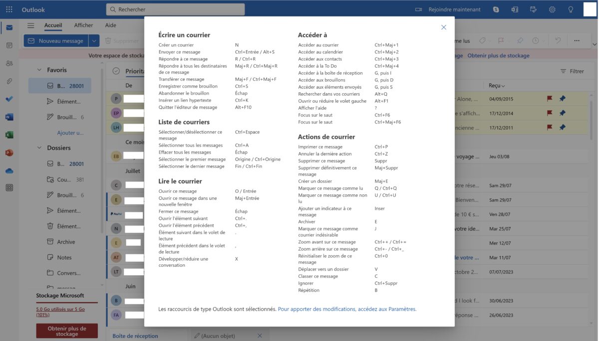 Liste des raccourcis clavier Outlook