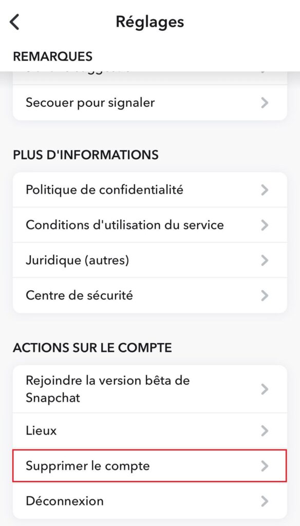 Supprimer le compte Snapchat iOS