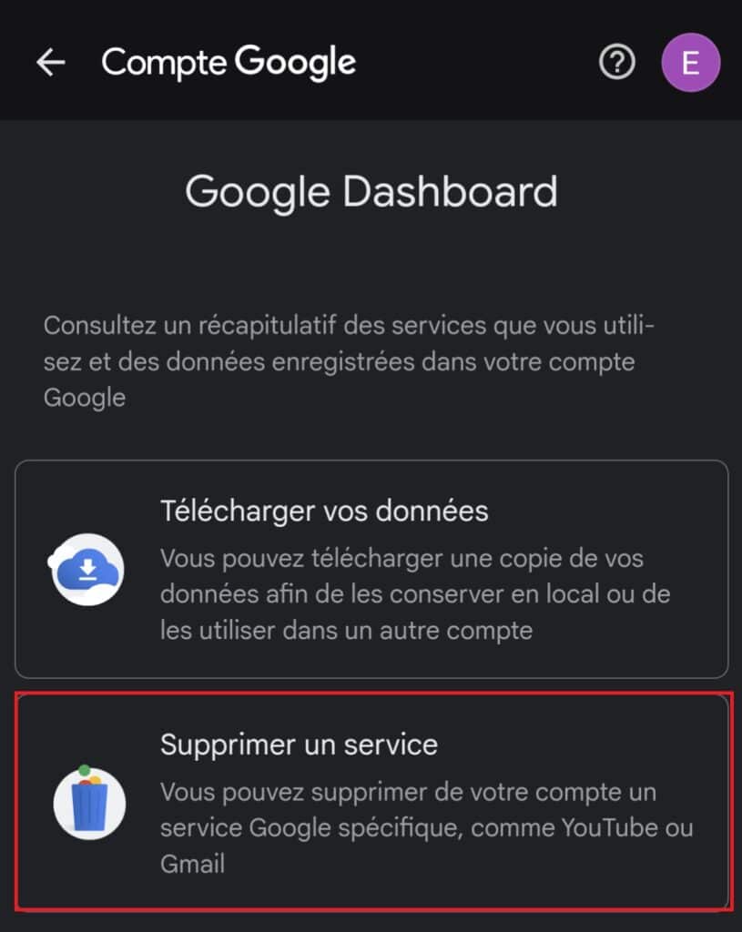 Supprimer un service Gmail mobile