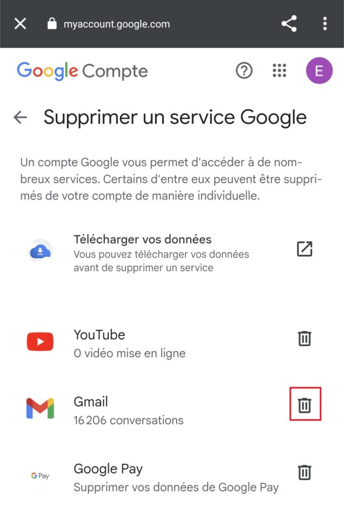 Supprimer Gmail mobile