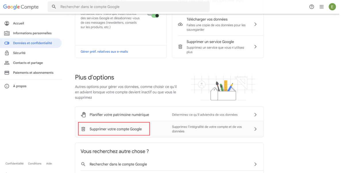Supprimer compte Google Gmail