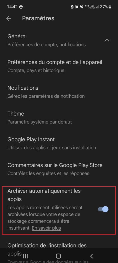 archivage android play store espace